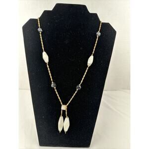 Vintage Semi Precious White Agate Onyx Beaded Brass Chain Lariat Necklace